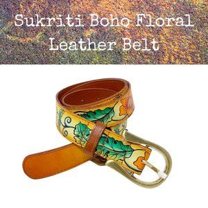 Sukriti Boho Brown Floral Leaf Hand Painted Genuine Leather Belt
